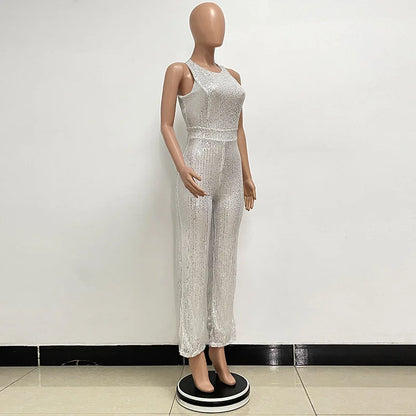 Bling Bling Sequined Club Jumpsuit Sexy Women O-neck Elegant Shiny Sliver Gold Sequins Straight Romper Overalls
