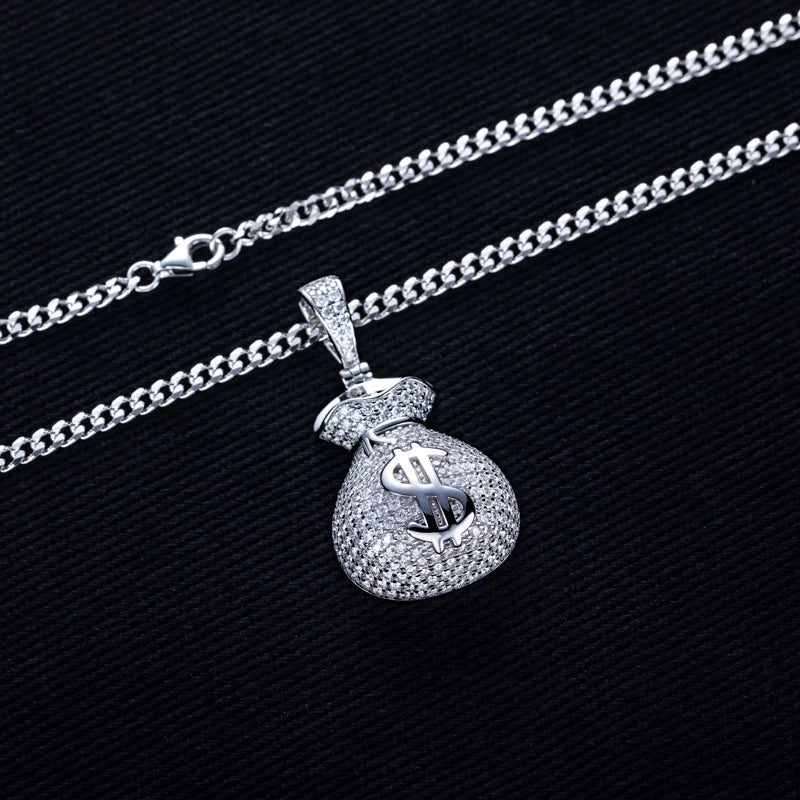 MossanRappr 2.8cttw Moissanite Bling Dollar Money Bag Pendant Hip Hop  Necklace 925 Sterling Silver Heavy Metal Jewelry for Men