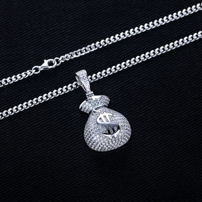 MossanRappr 2.8cttw Moissanite Bling Dollar Money Bag Pendant Hip Hop  Necklace 925 Sterling Silver Heavy Metal Jewelry for Men