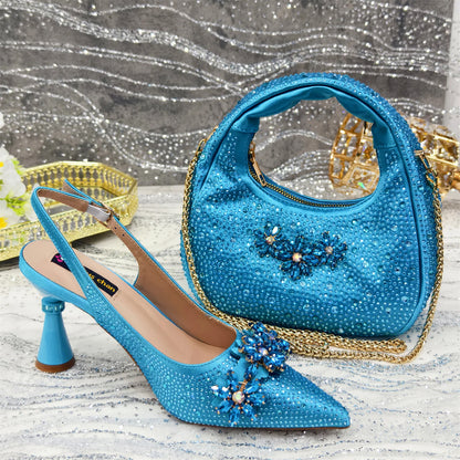 Venus Chan Olive-Green Pointed-Toe Women's High Heels Shoes and Bags for Party Rhinestone Evening Elegant Luxury Handbag