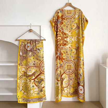 New African For Women Summer Sun protection Short Sleeve Cotton Dress Gold Stamping Loose Lady Maxi Print Dress With Big Scarf