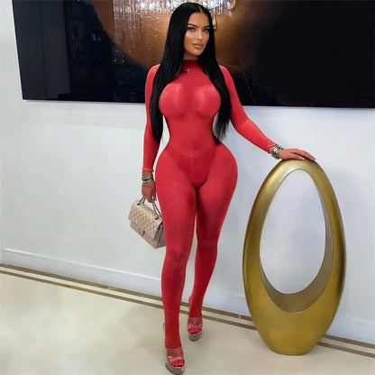 Doyerl Mesh See Through Black Jumpsuit Woman Sexy Rave Night Out One Pieces Club Romper Party Skinny Bodycon Overalls Catsuit