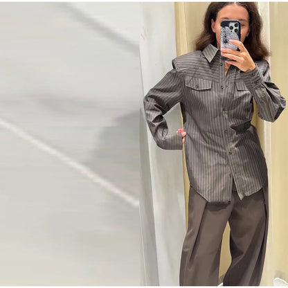 Multicolor Striped Shirt 2 Picec Set Button Front Blouse High Waist Flared Hem Maxi Skirt 2026 Summer Elegant Lady Vacation Suit