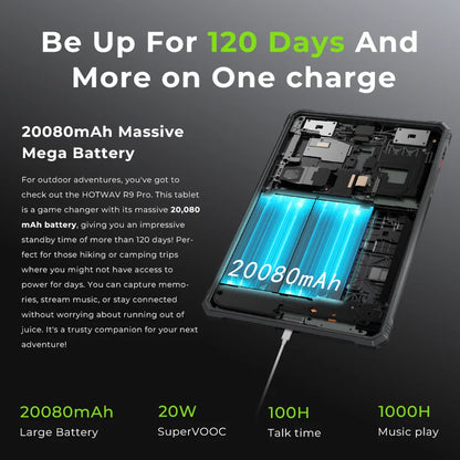 HOTWAV R9 Pro Global Dual 4G Rugged Tablet 11'' FHD+ 2K Large Display 20080mAh Massive Battery 20W Fast Charging Pad Android 14 6GB RAM 256GB ROM/2TB Expansion 64MP+16MP Camera Global 4G Tablet PC With Super Camping Light