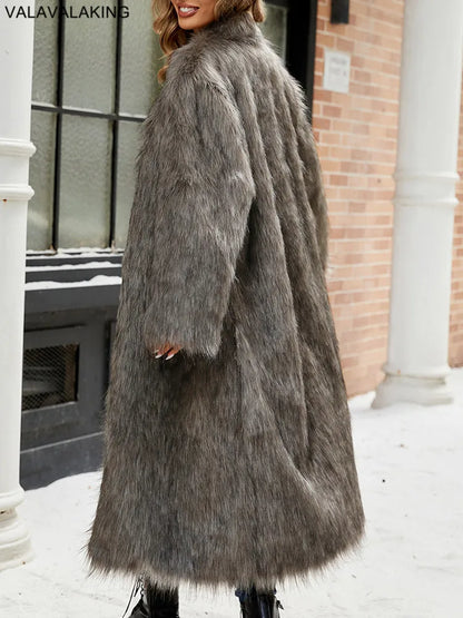 2026 Winter Stand Collar Faux Fur Long Coat Women Elegant Long Sleeve Fluffy Plush Jacket Lady Casual Thick Warm Furry Outwear