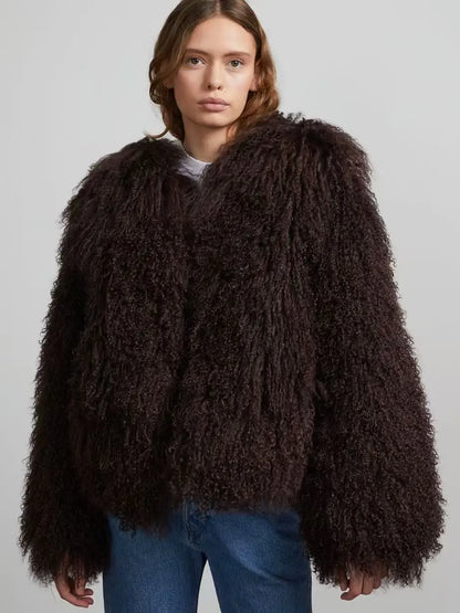 Mongolian Fur Coat Fur Jacket Women's Elegant Fluffy Solid Color Thickened Thermal Long Sleeve Coat Winter Fashion Oversized Lad
