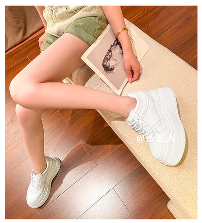 10-14cm Chunky Sneakers Women Platform Shoes Elevator Shoe White Mesh Breathable Sneakers Real Leather Increasing Shoes