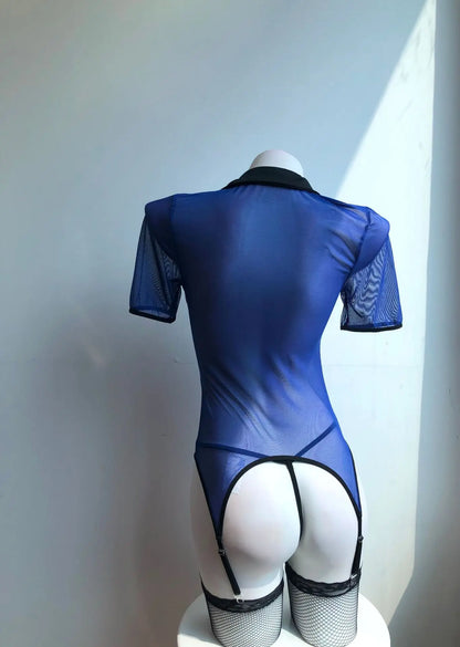 Tornova Women Sexy Policewoman Cosplay Uniform Slim High Waisted Patchwork See-through Interesting Hollow Seductive Private Set