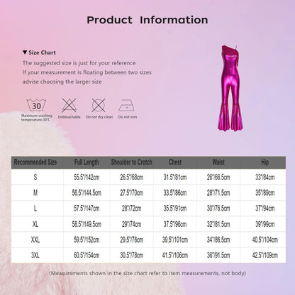 Women Shiny Metallic Jazz Disco Dance Jumpsuit 70s 80s Hippie Costume Sequin Tassels One Shoulder Bell Bottom Bodysuit Rompers