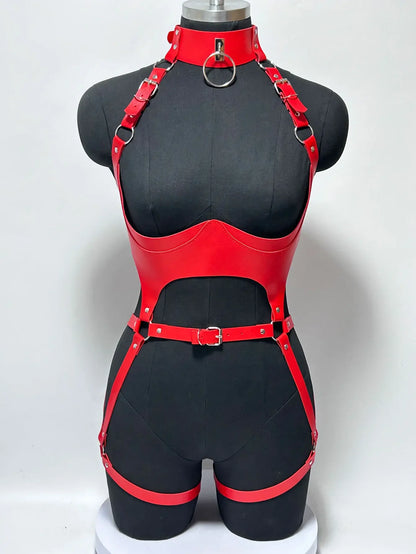 Women Fashion Punk Style Faux Leather Full Body Harness Belt, Garter Belt Set,Gothic Collocation Costume Accessories
