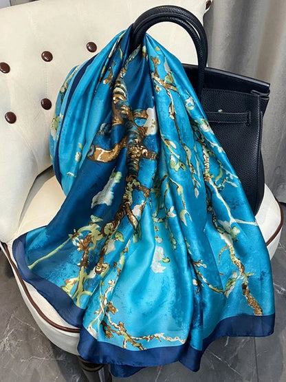 Designer Almond Blossoms Printed Silk Scarf Women Luxury Sun Protection Shawl Ladies Summer Beach Pareo Sarong Travel Wrap 180cm