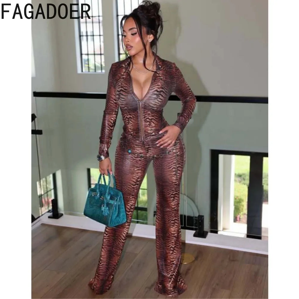 FAGADOER Y2K Fashion Tiger Striped Print Pants 2 Piece Sets Cool Girl Street Zipper Lapel Long Sleeves Top + Flare Pants Outfits
