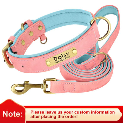 Personalized Dog Collar Leash PU Leather Dogs Collars Pet Rope Engraved Pet ID Name Necklace for Small Large Dogs Soft Padded
