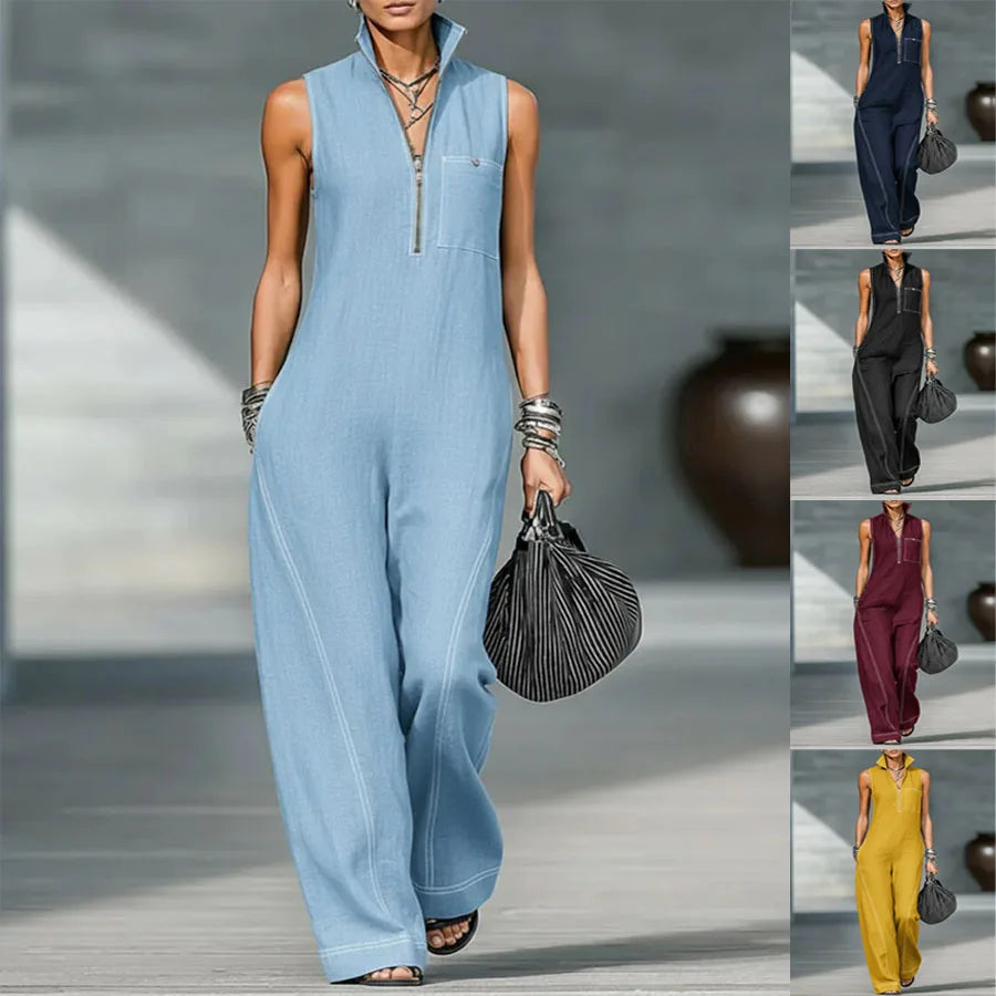 Women's 2026 New Mandarin Collar Sleeveless Jumpsuit – Linen Cotton Loose Fit Romper  Casual Wide Leg One Piece