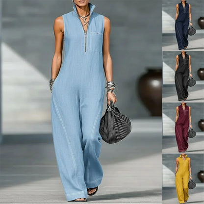 Women's 2026 New Mandarin Collar Sleeveless Jumpsuit – Linen Cotton Loose Fit Romper  Casual Wide Leg One Piece