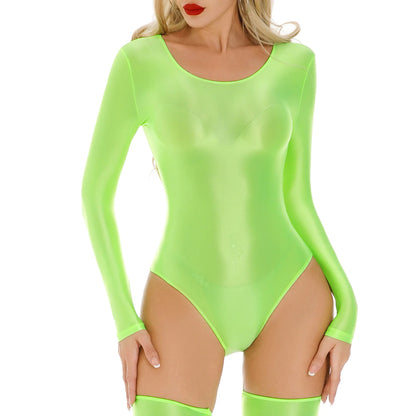 Women's Swimsuit One Piece Swimwear Oil Glossy Stretchy Gym Fitness Long Sleeve Round Neck Tights Leotard Bodysuit Clubwear