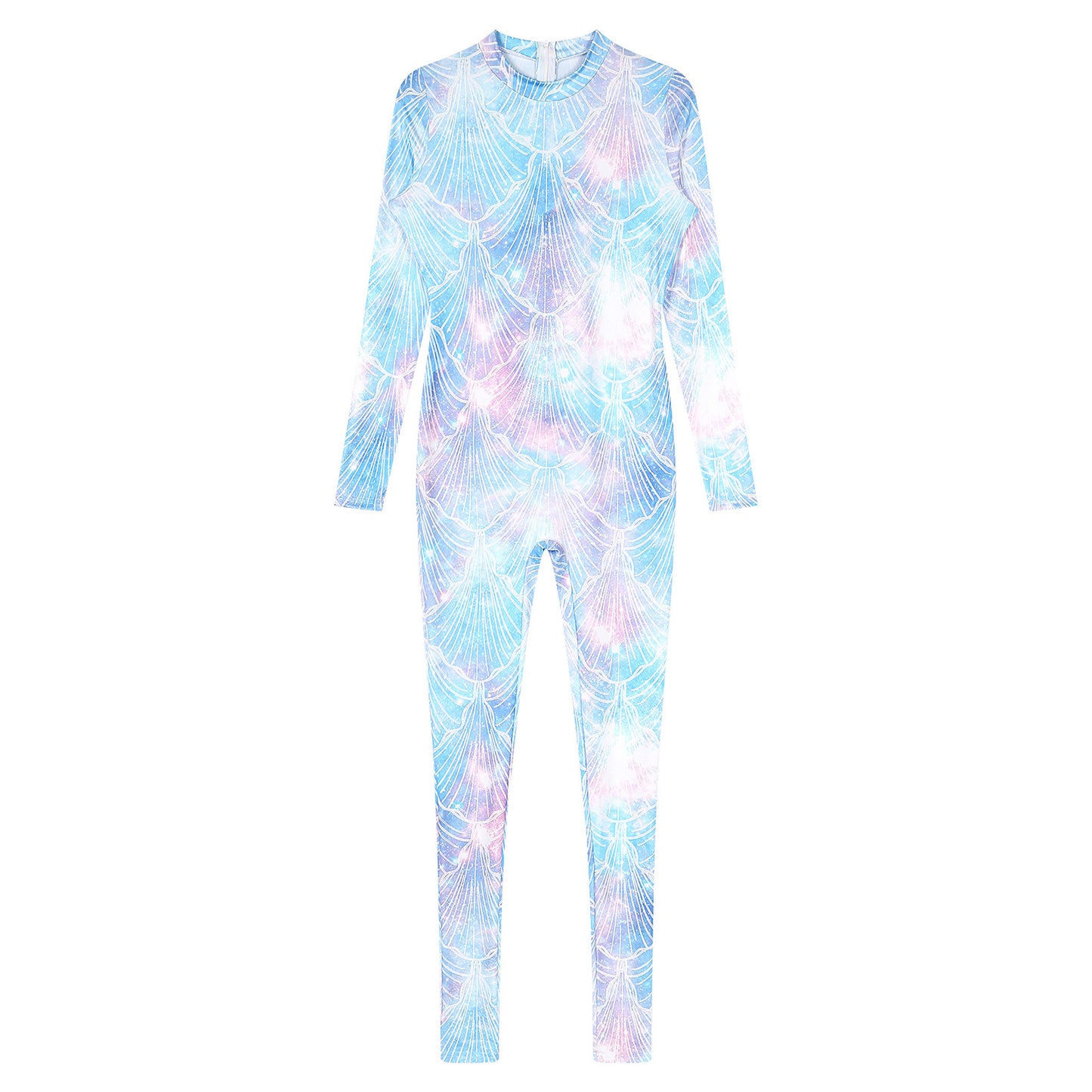 Womens Rash Guard One Piece Swimsuit Mermaid Fish Scale Print Long Sleeve Back Zipper Full Body Tops Sexy Swimwear Jumpsuit