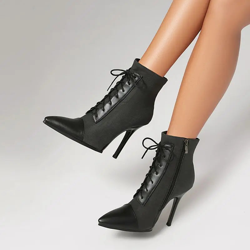 ANOVISHANA Elegant Fmeale Ankle Boots Pointed Toe 11cm Thin High Heels Zipper Lace Up Mixed Color Large Size 40 41 Short Autumn