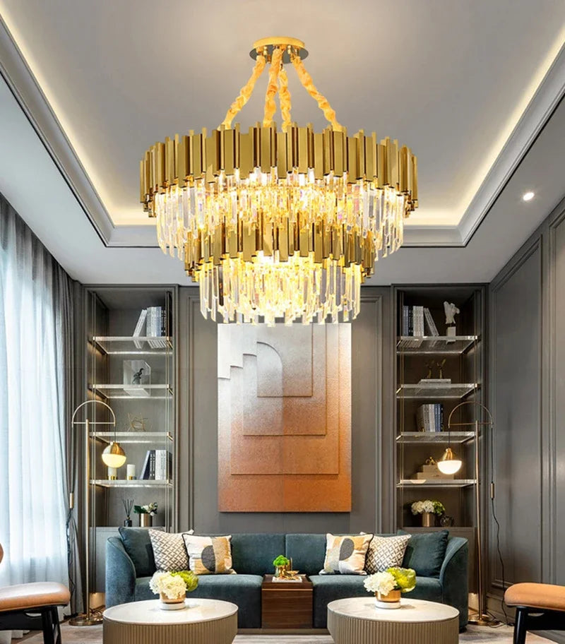 Gold K9 Crystal Tricolor Chandelier Luxury Modern LED Ceiling Light for Living Room Dining Room Bedroom Ceiling Lights