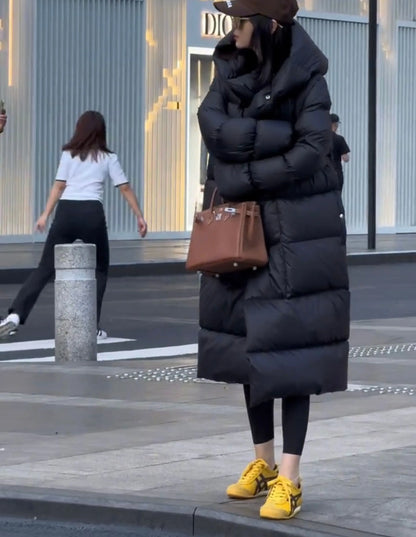 Knee Length Hooded Down Jacket for Women's Winter New Loose White Duck Down Thickened Warm Jacket 2024
