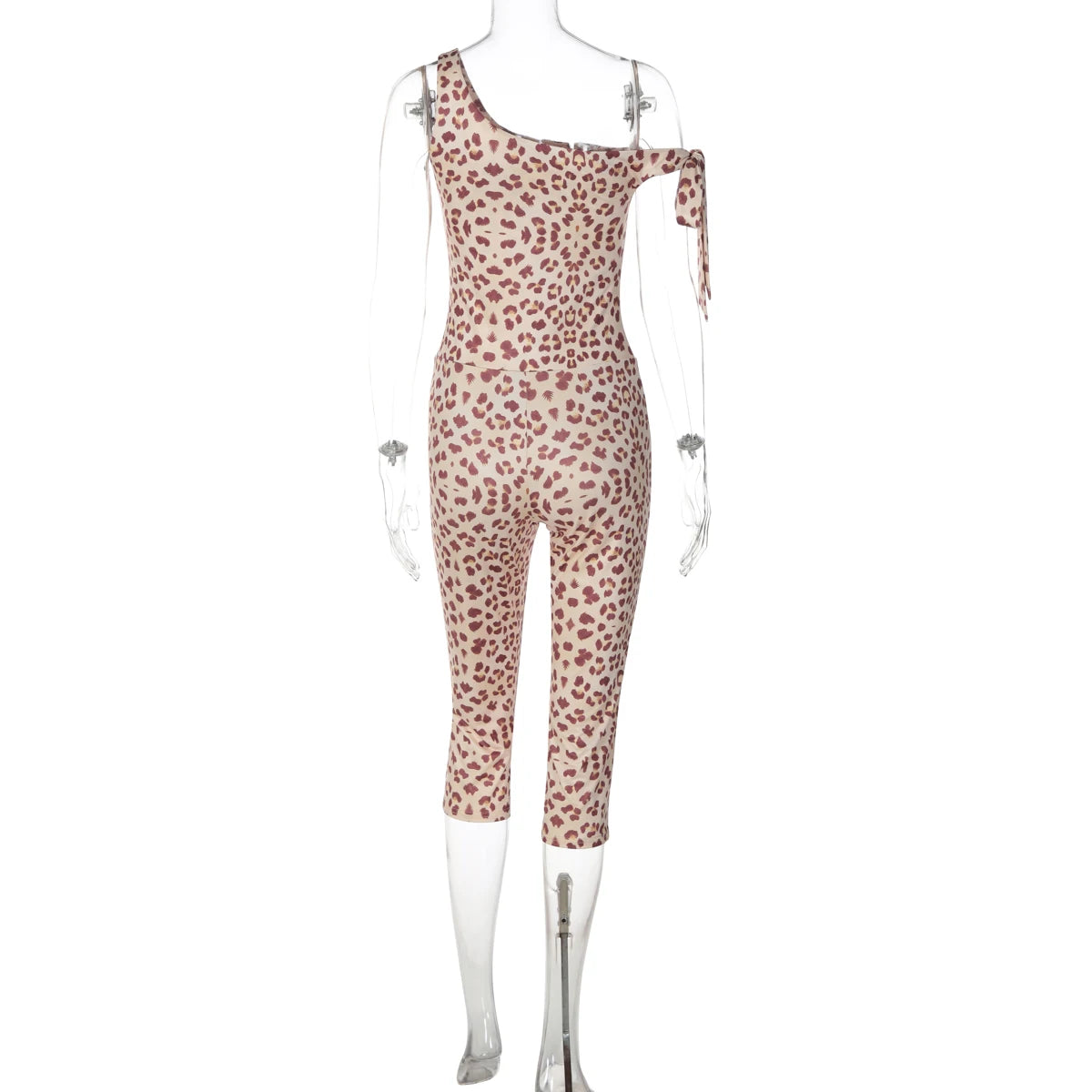 Dulzura Leopard One Shoulder Backless Lace Up Slim Jumpsuit Women'S Fashion Sexy Casual Romper Party Club Street Summer Clothes