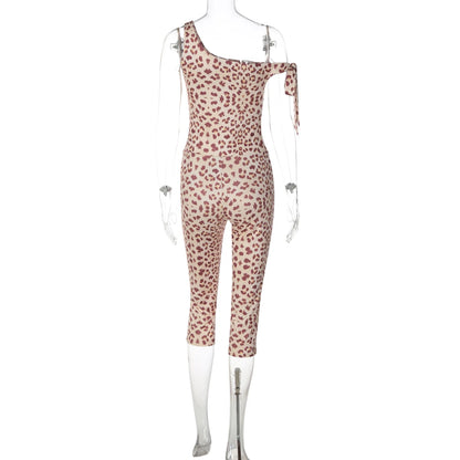 Dulzura Leopard One Shoulder Backless Lace Up Slim Jumpsuit Women'S Fashion Sexy Casual Romper Party Club Street Summer Clothes