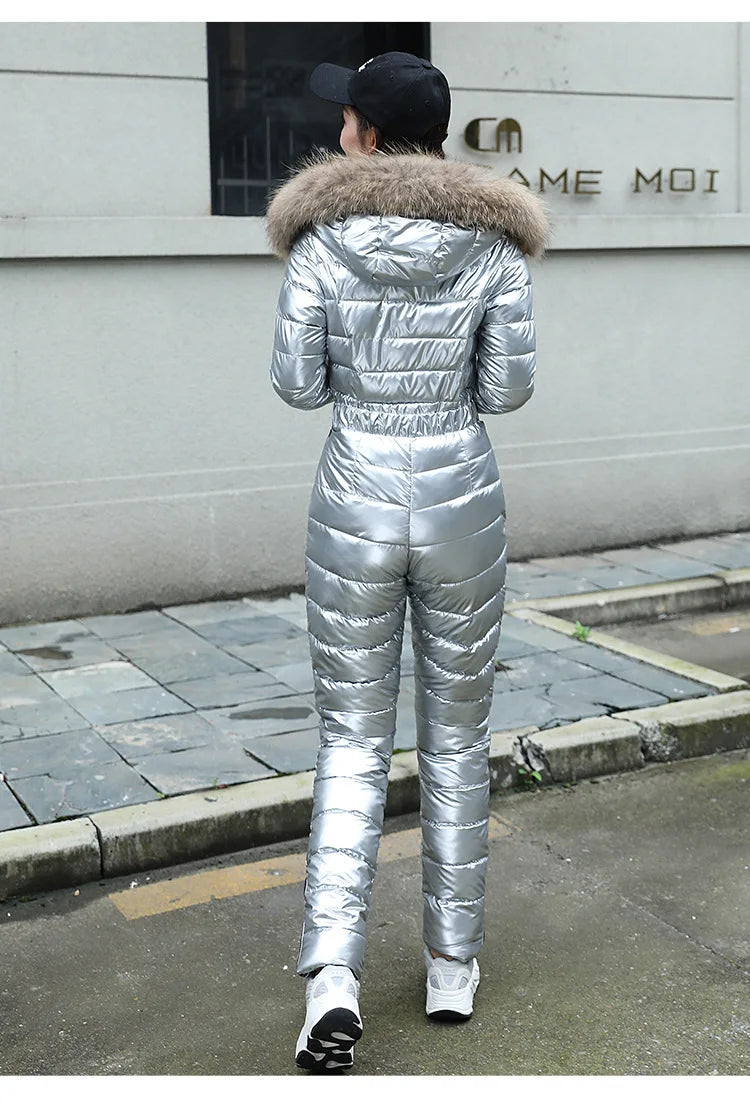 Jumpsuits One Piece Ski Suit Winter Thicken Snow Place Down Cotton Women Suits Warm Hooded Waist Slim Shiny Outdoor Sports