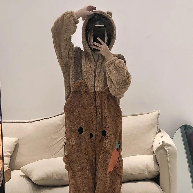Flannel Anime Onesie Adults Animal Pijama Pajamas Set Women Men Cosplay Halloween Cartoon Pyjama Adults Winter Bear Sleepwear