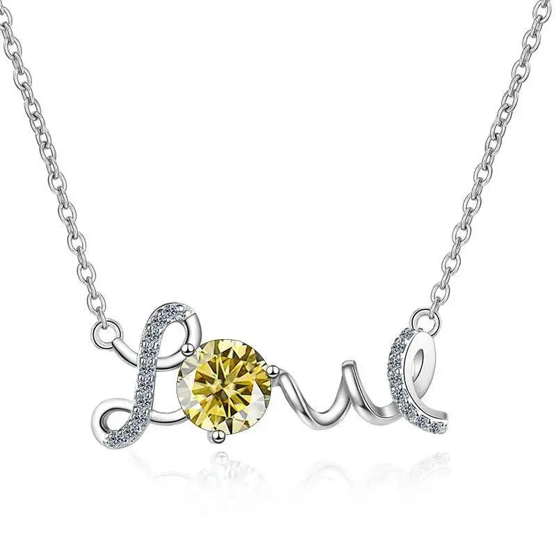1CT 925Silver Cursive Love Letter Single Stone Pendant Necklace Round Cut D VVS1 Multi Color Moissanite Love Gift Fine Jewelry