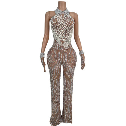 Elegant Pearls Crystal Tassel Wide Leg Jumpsuit Women Plus Size Backless Club Party Rompers Birthday Prom Playsuit Festival Wear