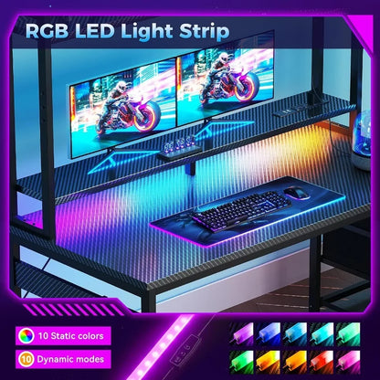 Gaming Desk with Shelves and 3 Drawers and LED Light and Hutch