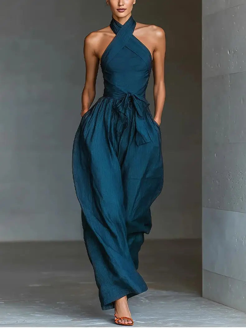 2026 High Waist Tie-up Wide Leg Pants Jumpsuit Woman Sexy Criss Cross Halter Backless Zips Romper Summer Solid Office Overalls