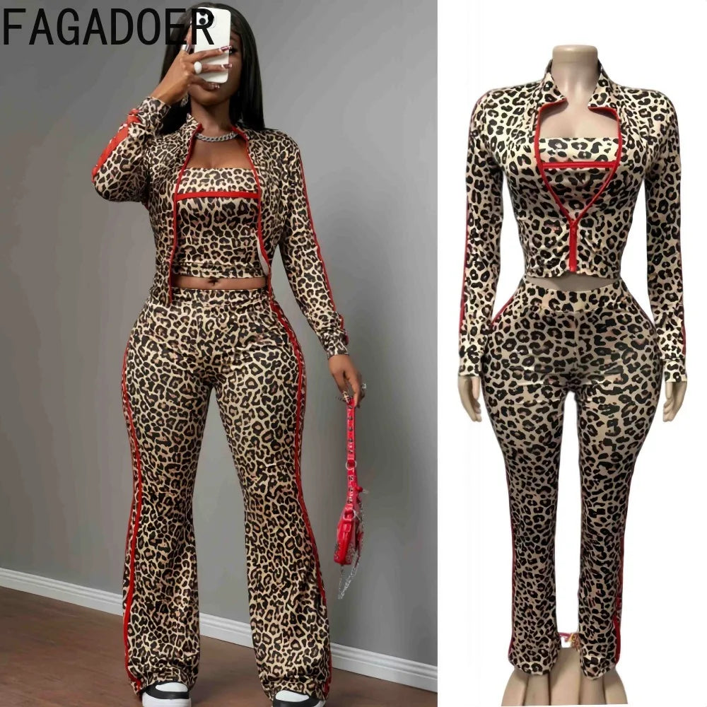 FAGADOER Women Leopard Print 3 Piece Outfit Tube Top Long Sleeve Zip Jacket High Waist Pants Sexy Y2K Clubwear Streetwear Set