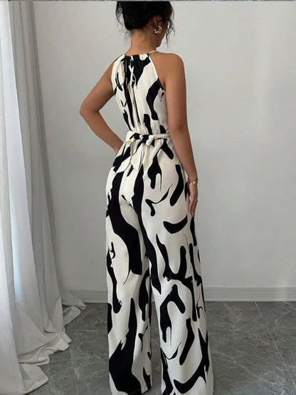 2026 New Women Milk Print Halter Neck Jumpsuit, Tie Back Backless Sling Romper, High Waist Slim Fit Wide Leg One Piece Pants