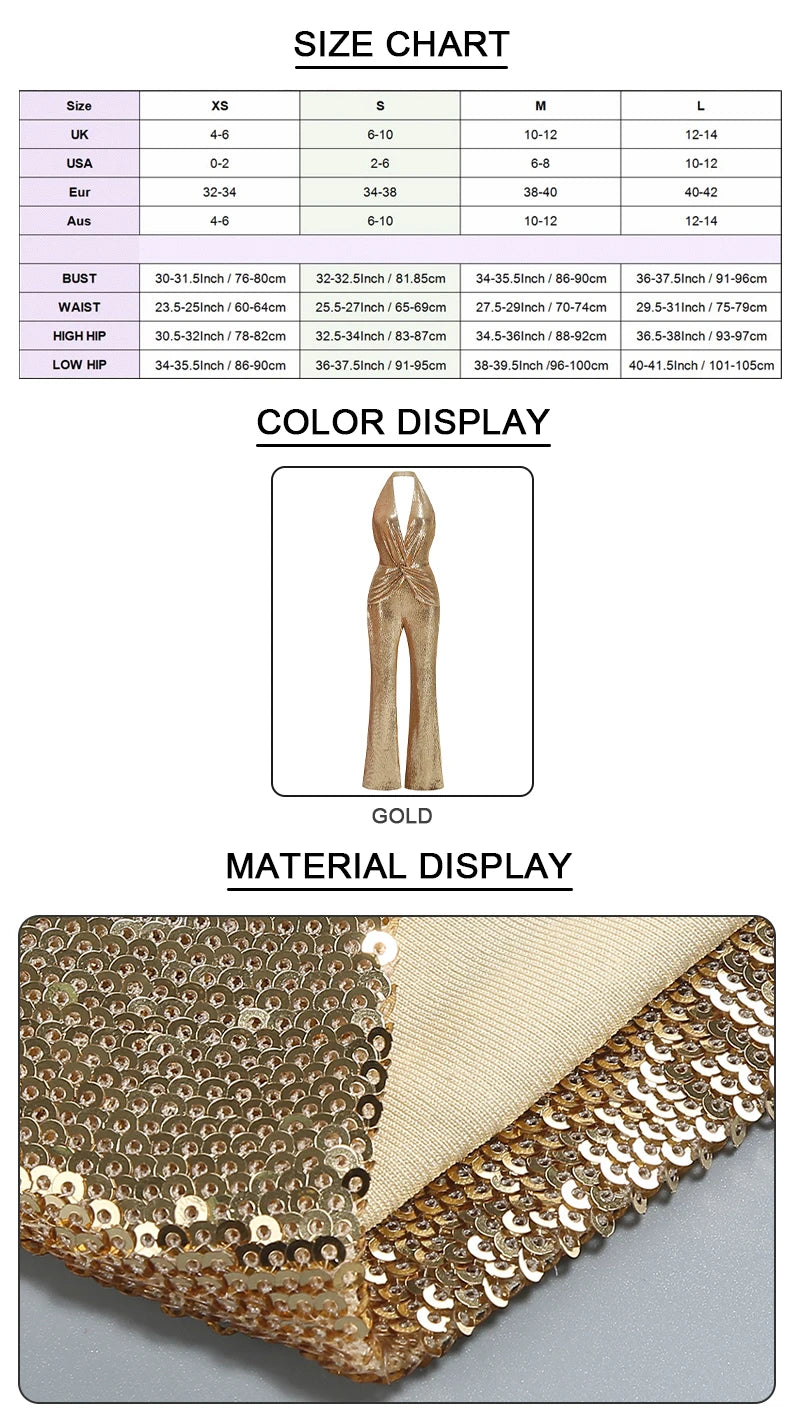 VC Gold Elegant Jumpsuits For Woman Luxury Brown Sequins Design Fashion Party Sexy Backless Sleeveless One Piece Female Clothing