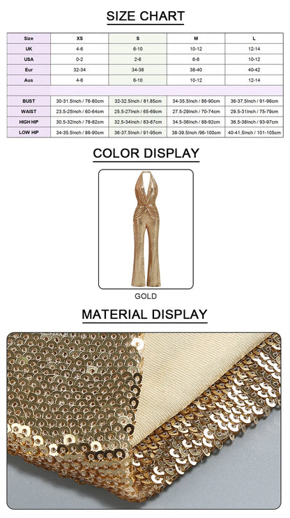 VC Gold Elegant Jumpsuits For Woman Luxury Brown Sequins Design Fashion Party Sexy Backless Sleeveless One Piece Female Clothing