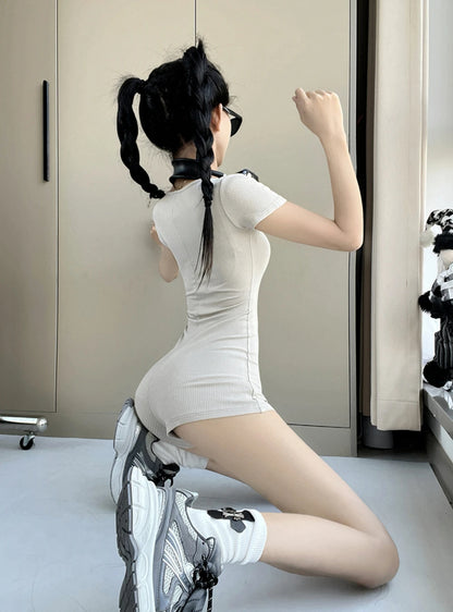 Womens Playsuits Yoga Low Neck Slim Fit Short Sleeve Jumpsuits Stretch One Piece Romper Sexy Fitness Female Sportwears Zipper