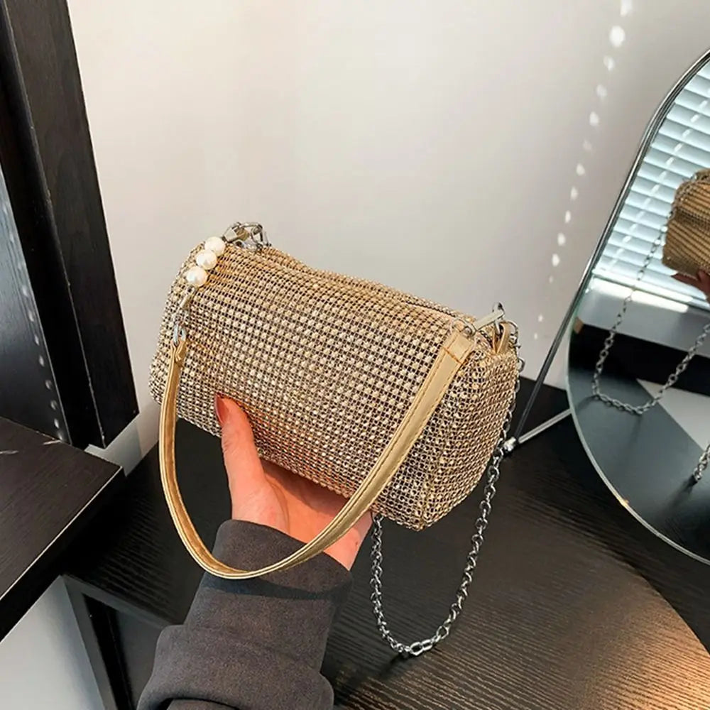 Allover Rhinestone Bucket Bag Waterproof Lightweight Women Crossbody Bag Mini All-match Glitter Chain Prom Purse for Ladies