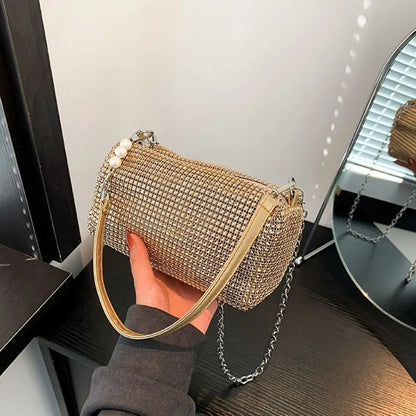 Allover Rhinestone Bucket Bag Waterproof Lightweight Women Crossbody Bag Mini All-match Glitter Chain Prom Purse for Ladies