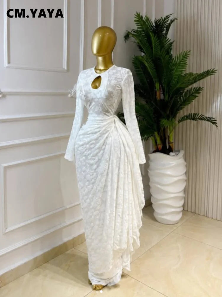 CM.YAYA Women O-neck Ribbon Ruched Long Sleeve Bodycon Maxi Long Dress 2026 Summer Sexy Birthday Party Vacation Trendy Dresses