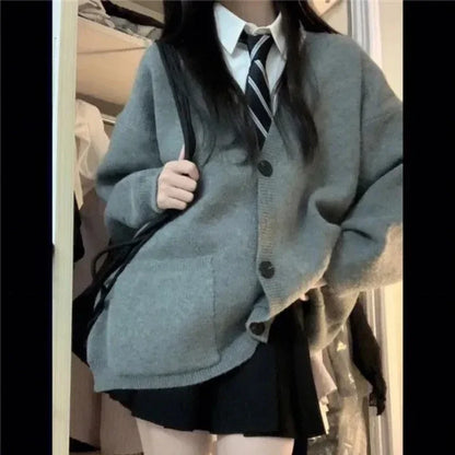 Japanese and Korean College Style V-neck Autumn Winter Grey S-8XL School Uniform JK Long Sleeve Women's Role Play School Girl