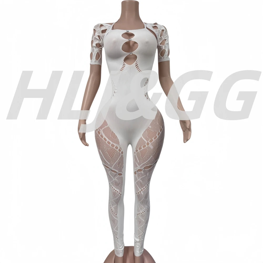 HLJ&GG Sexy Lace Hollow Bodycon Party Nightclub Jumpsuits Women Short Sleeve Skinny Pants Playsuits Female Hole Overalls 2025