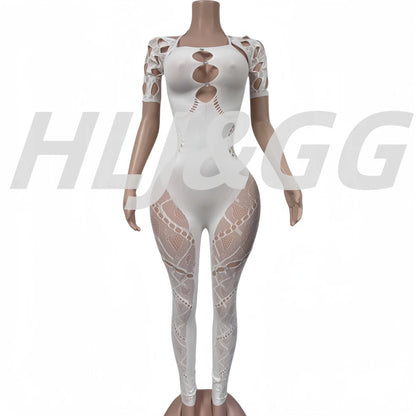 HLJ&GG Sexy Lace Hollow Bodycon Party Nightclub Jumpsuits Women Short Sleeve Skinny Pants Playsuits Female Hole Overalls 2025