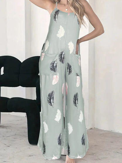 Women's Casual Loose Feather Print Spaghetti Strap Jumpsuit Summer Beach Loungewear With Side Pockets