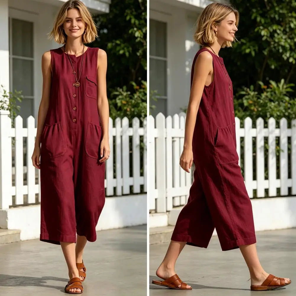 Women Summer Tank Jumpsuit Sleeveless Button Down Cropped Rompers Loose Wide-Leg Overall Pockets Hot Sale