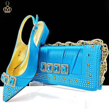 QSGFC 2026 Summer New Design Specials Italian Women Shoes and Bag Set Sky Blue Color Comfortable Low Heels With Rhinestone