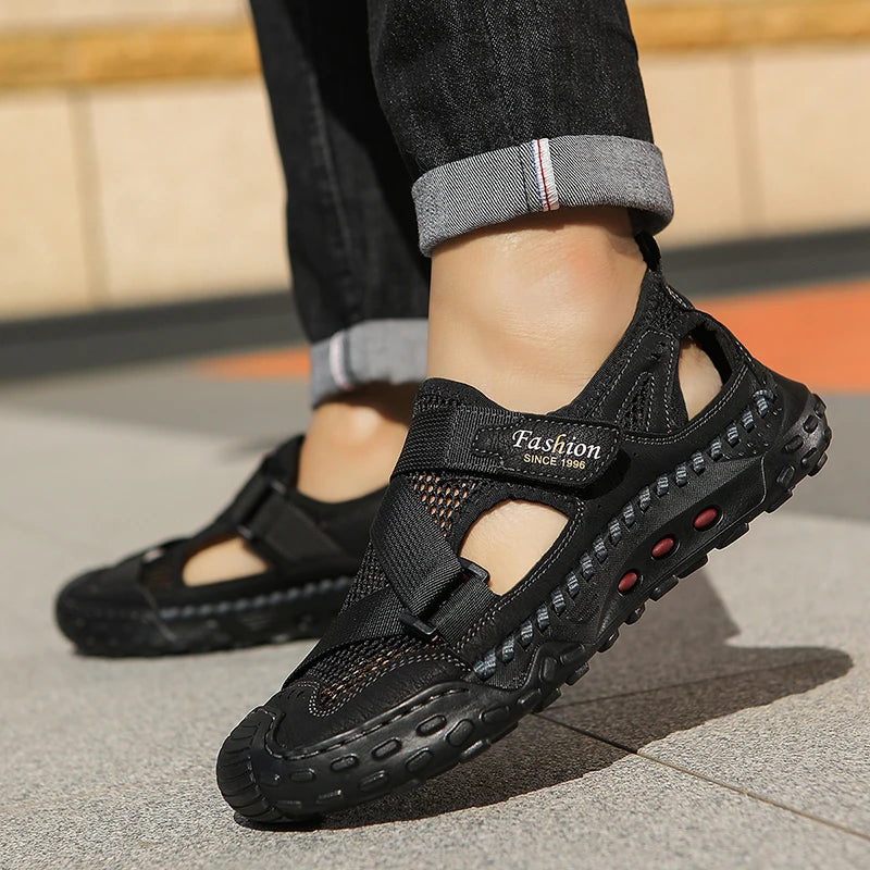 Men Sandals Comfortable Refreshing Mesh Hollow Beach Shoes Summer New Anti Slip Thick Bottom Bag Toe Casual Sandals for Teen