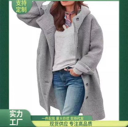 Manteaux Femme Winter Warm Woolen Coat Solid Color Manteau Femme Hooded Fashion Womans Clothing Single-breasted Hooded Long Coat