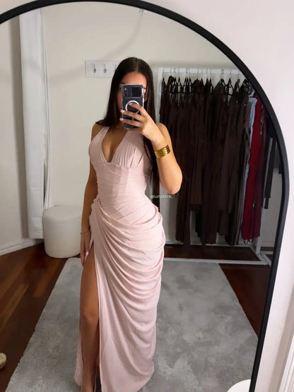 Sexy Solid Pleated Halter Dress Women Fashion Sleeveless Backless Waist-cinching Split Maxi Dresses 2026 Summer Lady Party Gowns