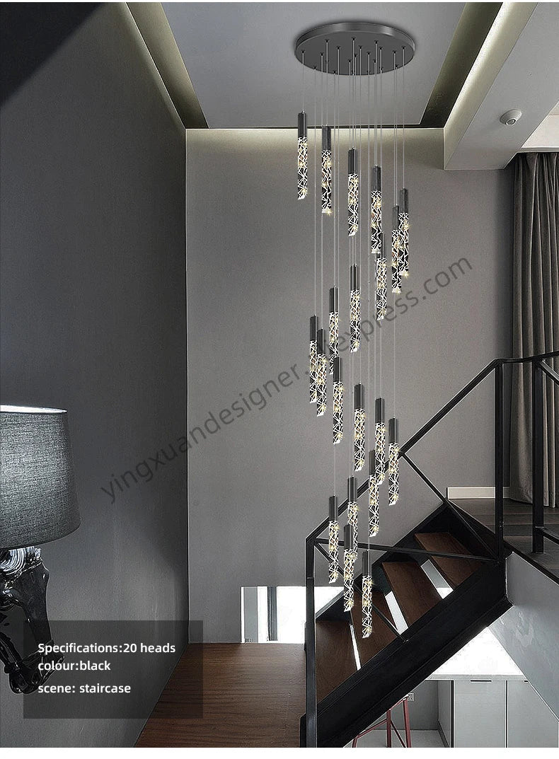 Crystal Staircase Pendant Lamp Modern Gold Lighting Fixture Ceiling Hang Pendant Light Luster Indoor Villa Loft Stair Chandelier